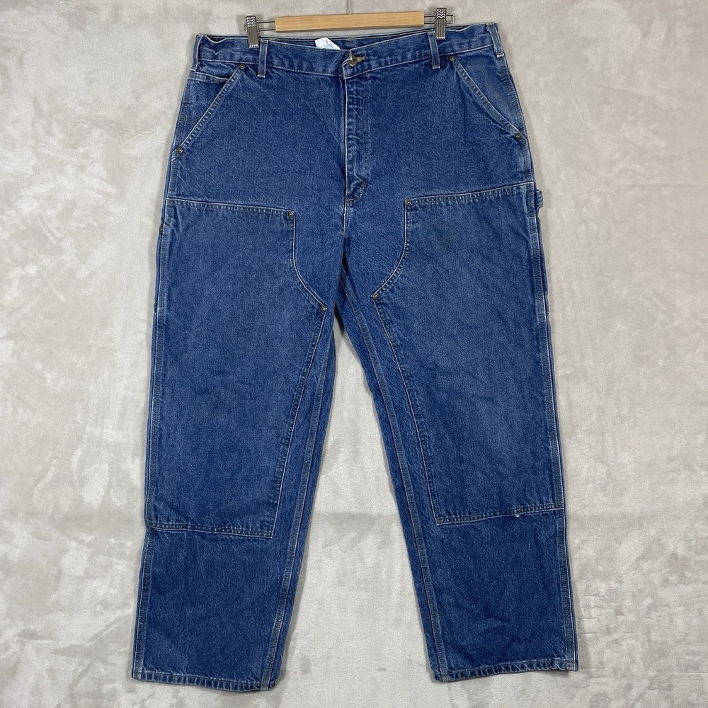 Vintage Carhartt Double Knee Denim Jeans Mens 40x30 Made in USA Big Logo Leather